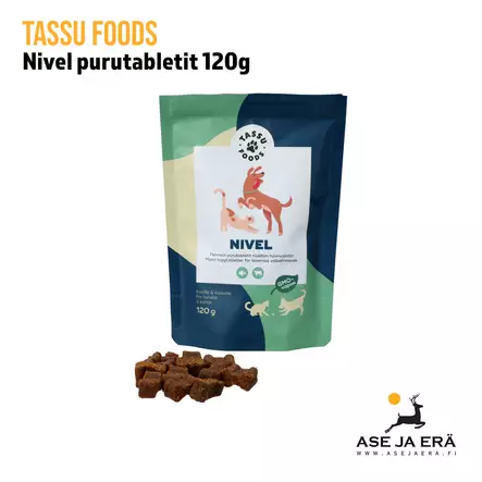 Tassu Foods Nivel purutabletit 120g - pussi ja muutama purutabletti esillä - Koiran hoito ja terveys - 6429810935090 - 2