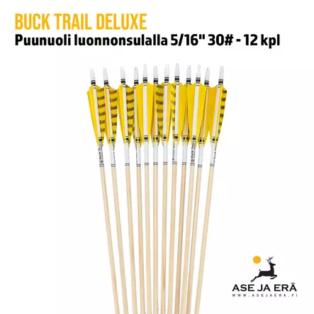 Buck Trail Deluxe puunuoli 5/16" 30# - 12 kpl - yksityiskohta sulkaosasta - Puunuolet - 6426028971957 - 2