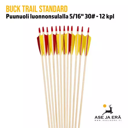 Buck Trail Standard puunuoli 5/16" 30# - 12 kpl - yksityiskohta sulkaosasta - Puunuolet - 6426021719709 - 2